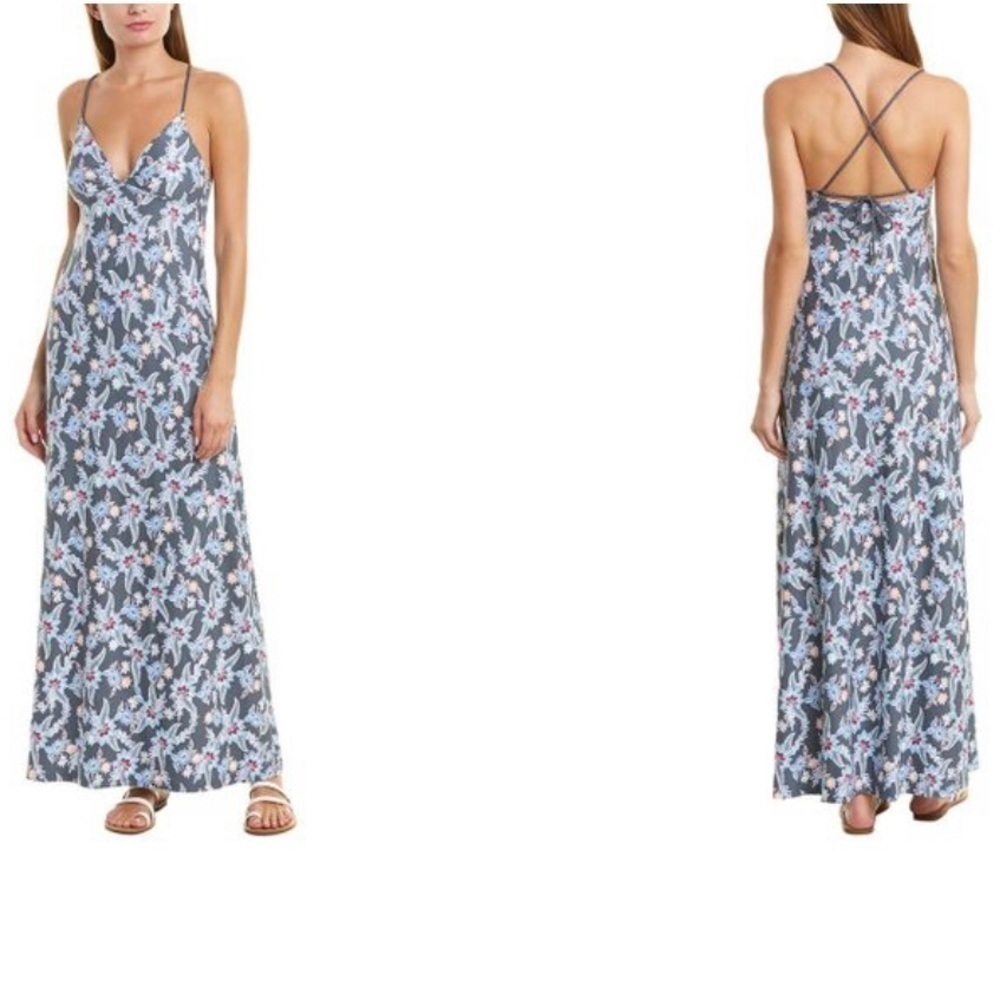 Helen Jon Rhapsody Gypsy Floral Maxi Dress Blue Gray Spaghetti Strap Size XS